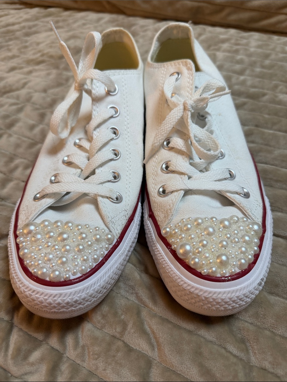 Converse White Low Top Sneakers with Red Trim and Pearl Embellished Toecaps